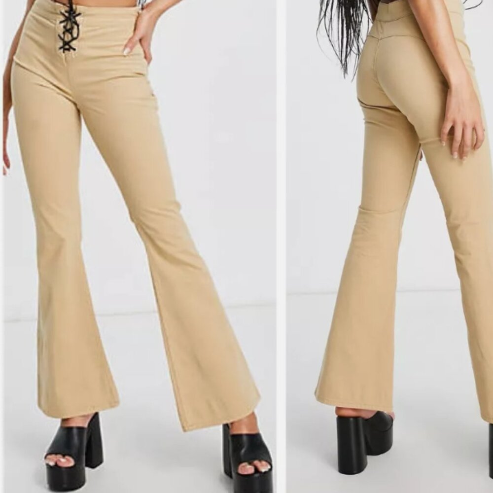 Asos Design Y2K Lace Up Detail Flare Pants, Beige Stone - Size 4